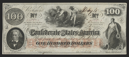 T-41. $100. 1862. Cr. 318, PF-17. Plate X. No. 14651. J. C. Calhoun, lower left. Slaves hoeing at top center. Allegorical representation of Confederacy standing with laurel
wreath, right. Printed on watermarked paper with CSA in block lette