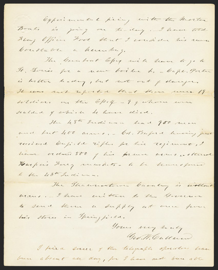 Fort Henry and Fort Donelson A choice Autograph Letter Signed Geo. W. Cullum, chief engineer of the Army of the Cumberland, 4 pages, 4to, Cairo, IL, February 9, 1862. He writes
to Gen. Henry Halleck between the capture of Fort Henry on Fe