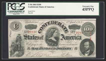 T-56. $100. 1863. Cr. 404, PF-2.  No. 2244. Soldiers at left. Lucy Pickens at center. George W. Randolph at lower right. This 1st Series variety has two flourishes just before
the 1 in 1st at left. PCGS Extremely Fine 45PPQ.