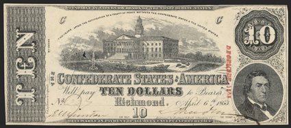 T-59. $10. 1863. Cr. Unlisted, PF-9. No. 1227, Plate C. 5th over 1st Error. Columbia, SC proposed state capitol building at top center. R.M.T. Hunter at lower right. When Evans
and Cogswell decided to reuse the old plate with 1st Series at up