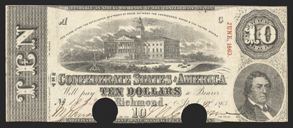 T-59. $10. 1863. Cr. 441, PF-14. No. 1053. Plate AC Error. State capitol proposed for Columbia, S.C. in the center. R.M.T. Hunter, right. Rare plate letter mismatch. VF,
COC.
