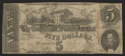 T-60. $5. 1863. Cr. 468, PF-25. Plate A. No serial number. 3rd Series. Richmond state capitol at top center. Memminger at lower right. Evans & Cogswell, Litho is printed in
tiny letters at lower left and is considered a Rarity 9 in Fricke. 