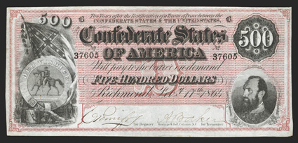 T-64. $500. 1864. Cr. 489B, PF-3. No. 37605. Plate B. Confederate seal and battle flag, left. General Thomas Stonewall Jackson, right. Beautiful dark red underprint. Very
Fine.