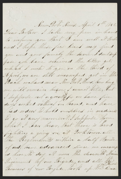 USS Monitor: Soldiers Letter Choice content ALS by Jonathan Clayton of the 104 Pennsylvania Volunteers, 3 pages, 8vo, Newport News, VA, April 6, 1862. He writes his brother Enos
in Montgomery County, PA, about preparations to advance on York