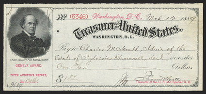 Alabama Claims: Geneva Award Drafts Rare trio of United States Treasury Drafts, March-June 1889, payable to various Americans for their losses as a result of attacks by
Confederate raiders Alabama, Florida, and Shenandoah, built in th