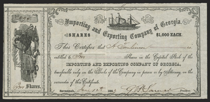 Blockade Runners: Importing & Exporting Company of Georgia (GA), $1000 shares, Savannah, June 12, 1863, 494, blockade runner at top, sailor with anchor at left, edges slightly
irregular, folds, VF+. Early in the war, Savannah had resisted at