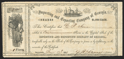 Blockade Runners: Importing and Exporting Co. of Georgia (GA), $1000 shares, Savannah, June 12, 186(3), 311, as previous, age-toned, with some offsetting, edge wear, light fold
wear, but about VF+.
