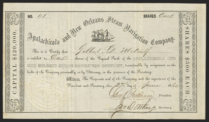 Blockade Runners: Apalachicola and New Orleans Steam Navigation Company (LA),  $500 shares, June 2, 1860, 41, rigged steam ship at top, ornate borders left and right,
exceptional impression of company seal, minor edge and fold wear, but an exc