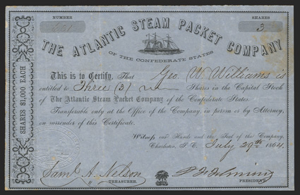 Blockade Runners: Atlantic Steam Packet Company (SC), $1000 shares, Charleston, July 29, 1864, 631, issued to George W. Williams, vignette of blockade runner at top, palmetto
at bottom, excellent impression of seal showing goods piled on a d