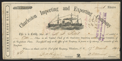 Blockade Runners: Charleston Importing & Exporting (SC), $1000 shares, Charleston, March 17, 1864, 2400, as previous, but signed by DD Mowry, fold and edge wear including small
nicks at edges, some foxing, a strong VG.