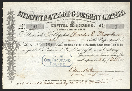 Blockade Runners: Mercantile Trading Co, Ltd (England), 1000 pound share, 1863, 90, issued to Charles E. Thorburn, ornate left edge, choice company seal, stamped Value  One
Thousand  Pounds at center. Fold, light foxing, but VF