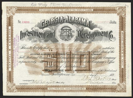 Georgia-Alabama Investment & Development Co (AL), $10 shares, Tallapoosa, 1891, 18688, signed by Benjamin F. Butler as president, GA state arms top, brown, edge and fold wear,
soiling at folds, a strong VF. Benjamin F. Butler (1818-9