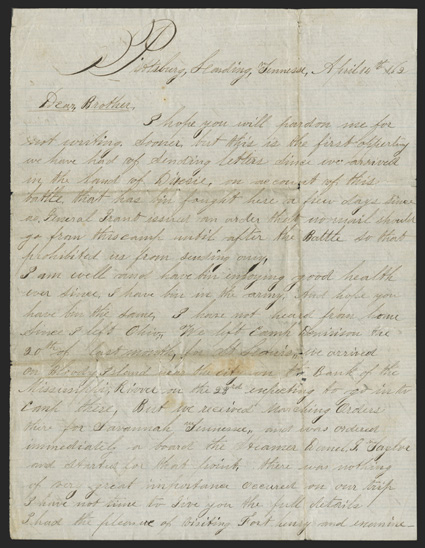 Shiloh: Soldiers Letter Remarkable content letter by Jacob M. Porter of the 8th Ohio Light Artillery, 4 pages, 4to, Pittsburg Landing, TN, April 14, 1862. He writes to his
brother in detail about the Battle of Shiloh on April 6-7: General Gr