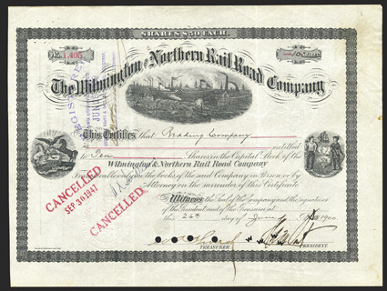 Wilmington & Northern RR (DE), $50 shares, 18(1900), 1405, signed by Henry A. Du Pont as president, Wilmington shipyard top, PA arms left, DE arms right, punch and stamp
canceled, affecting signature, stains and wear in margins, staple hol