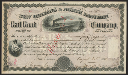 New Orleans & North Eastern RR (LA), $100 shares, capital stock, 1871 43, signed by James Longstreet as president, train crosses causeway top, woman with spindle left, black
with brown underprint, pen canceled not touching signature, toned