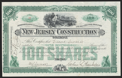 New Jersey Construction (NJ), $100 shares, 1889, 21, signed by Joshua L. Chamberlain as president, surveyors at top, NJ state arms at bottom, green with gryphons at lower
corners, tones, spots in lower margin, VF+. Joshua Lawrence