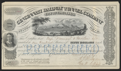 Cincinnati Railway Tunnel Company (OH), $50 shares, preferred, 18(72), 25, issued to Fremont & Morton and signed by John C. Fremont on verso, vista of valley and mountain with
train top, woman left, toned, top corners chipped, a strong 