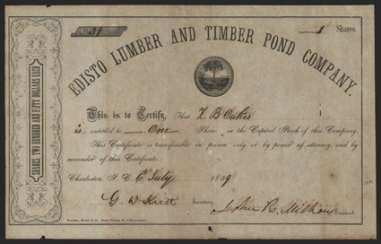 Edisto Lumber & Timber Pond Company (SC), $250 shares, July 6, 1859, 39, palmetto with words S. Car., well toned, some minor nicks at edges, fold wear including internal holes
and some small holes, F-VF.