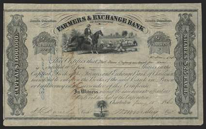 Farmers & Exchange Bank of Charleston (SC), $25 shares, Jan. 18, 1860, 2149, overseer watches slaves harvest grain, palmetto and state arms devices at bottom, toned, folds,
VF+. Issued to Charleston planter Thomas Farr Capers in trust fo