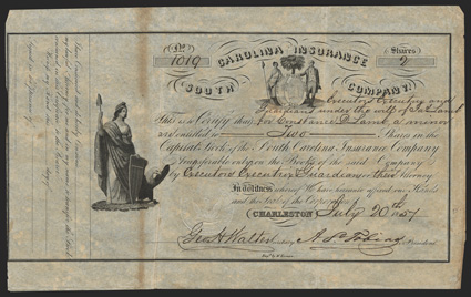 South Carolina Insurance (SC), 2 Shares, July 20, 1857, 1019, state arms at top, liberty with shield and eagle left, power of attorney (unused) left, uneven toning, edge wear,
VF. ex R.M. Smythe Sale 213, (while label states Sep 2001,