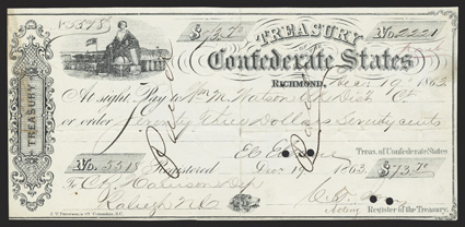 VA. Richmond. Treasury Draft of the Confederate States. $73.70. No. 2221. Printed on thick bond paper. Signed by Elmore and Jones. Issued December 19, 1863 to Wm. M. Watson.
Fine with separation along fold at top and bottom center.
