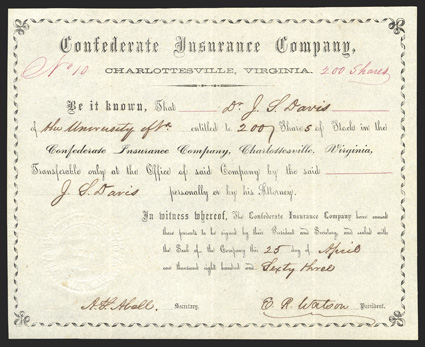Confederate Insurance Company, (VA), 200 Shares, Charlottesville, April 25, 18(63),  10, folds, very light spotting at seal, but top of grade VF+.