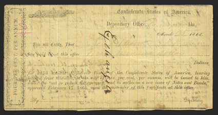 AL. Demopolis. $900. March 25, 1864. AL-18. Type 1 (on blue-ruled, yellow, paper). No. 2004. IDR Plate Form, page 83. Demopolis written in. Exchanged written vertically across
face. Back of certificate notes transferring ownersh
