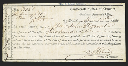 AL. Mobile. $200. April 13, 1864. AL-79. Mobile Type 1. No. 3068. Transfer statement on back. Fine, spindle hole upper right. From The Holger Dreher
Collection