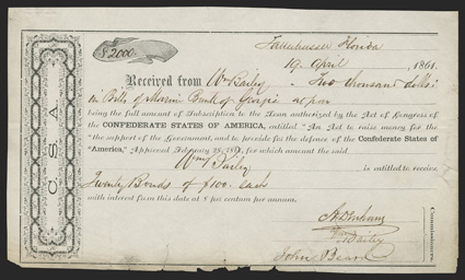 FL. Tallahassee. $2,000. Apr. 19, 1961. FL-22. Montgomery Type II. While not numbered, there were believed to be only 30 IDRs issued of this type over the last two weeks of
April 1861. This VGF example has multiple small tears along t