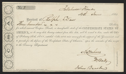 FL. Tallahassee. $300. June 4, 1861. FL-23. Montgomery Type I. No. 3 Only 20 examples are said to have been issued of this type from May through July, 1861. This type is
printed on thick white paper, with the present example having no pinho