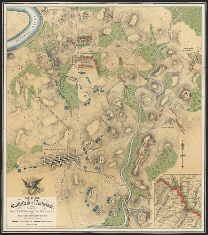 Antietam: War-date Battlefield Map Outstanding official Map of the  Battlefield of Antietam,  ca. 19 x 16.75, Prepared by  Lieut. Wm. H. Willcox, Top. Off. & A.A.D.C.  on Brig
Genl Doubledays Staff  from actual surveys. Printed in
