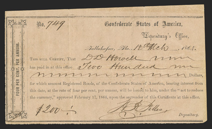 FL. Tallahassee. $200. March 12, 1864. FL-39.  No. 749. VF. Plate IDR Form, on page 141, but is FL-39.  Printed on light pink paper. Two assignments are detailed on back. Very
Fine.