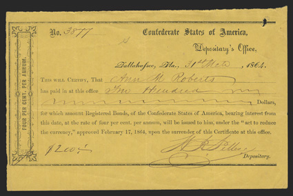 FL. Tallahassee. $200. March 31, 1864.  FL-42. No. 3877. As previous, but printed on canary yellow paper. FVF, with spindle hole in the upper right corner. From The Joe C.
Copeland Collection
