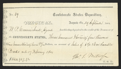 GA. Augusta. $324,927.62. September 29, 1864. GA-38. Type 3, for non-taxable bonds. No. 39. Printed on thin white wove paper. VFEF, with a small notch out at
right.