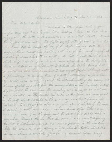 Fredericksburg: Union Soldiers Letter Outstanding content ALS in pencil by John L. Smith of the 35th Massachusetts Infantry, 3-15 pages, 4to, Camp near Fredricksberg, Va
December 23, 1862. He writes to his sister and brother about watchin