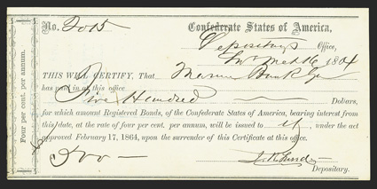 GA. Savannah. $500. March 16, 1864. GA-136. Savannah Type 2. No. 2015. IDR Plate Form, page 189. This type is printed on thick white laid paper. There is a hardly discernable
blue stamp across the face of the form. EF. From The Ho