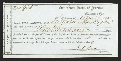 GA. Savannah. $1,000. April 1, 1864. GA-1389. Type 4. No. 8965. This appears to be a transitional example, as it falls under the serial number range for GA-138, but March is
not printed on the date line to the right of Savannah like GA