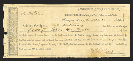 LA. Shreveport. $500. June 4, 1864. LA-57. Type 1, Local Form.  No. 4261. IDR Plate Form, page 206. This VF example is printed on white wove paper for 4% Registered Bonds. A
notch at left is noted along with some pinholes.