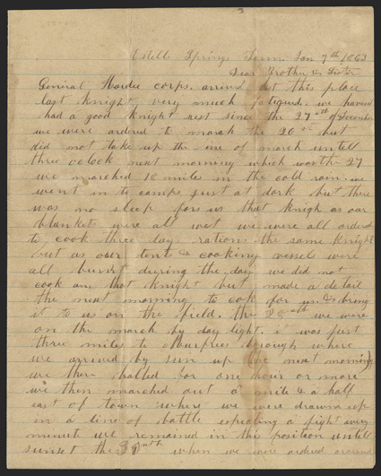 MurfreesboroStones River: CSA Soldiers Letter Choice content ALS by Enoch J. Wall of the 2nd Arkansas Infantry, 2-12 pages, on heavy brown lined paper, Estelle Springs, TN,
January 7, 1863. Wall writes his siblings that Gen William J. Hard