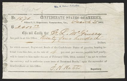LA. Tangipahoa. $2400. March 31, 1864. LA-71. No. 1570. Printed on bluish ruled paper. VG with internal paper separations along fold lines. Black stamped at top William P.
Palmer Collection, and WAR written in pencil at upper le
