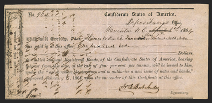 NC. Warrenton. $100. May 7, 1864. NC-172. Richmond Type II. No. 902. Plate IDR Form, page 285. Transfer endorsement on back. VFEF, with tiny paper loss at center of cut cancel.
Pinholes.