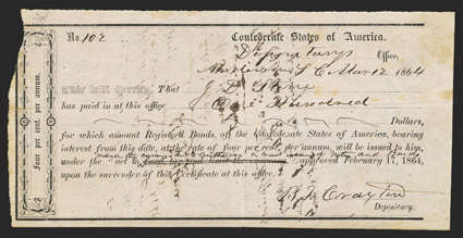 SC. Anderson. $100. March 12, 1864. SC-10. Richmond Type 1A. No. 102. IDR Plate Form, page 296. Two endorsements on back. Fine, light staining, pinholes. From The Holger Dreher
Collection
