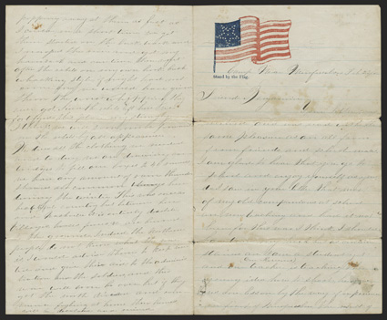 MurfreesboroStones River: Union Soldiers Letter Choice content ALS by Christian Lenker, a private in the 19th Ohio Infantry, Camp near Murfreesboro, 6 pages, 8vo, on patriotic
stationery imprinted with a red and blue US flag and the wo