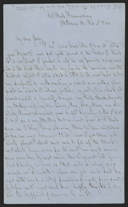 US Navy: Sailors Letter Outstanding anti-administration content letter by Capt. Edward Moses of the US Navy, 8 full pages, 8vo, on blue paper, U.S. Bark Fernandina  St. Simons
Sd., off the coast of Georgia, February 3, 1863. He writes a