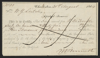 SC. Charleston. $4500. August 31, 1864. SC-43. Charleston Typeset Form 2. No. 38. IDR Plate Form, page 313.  Fine-VF, with ink burn in cancellation, pinholes. From The Holger
Dreher Collection