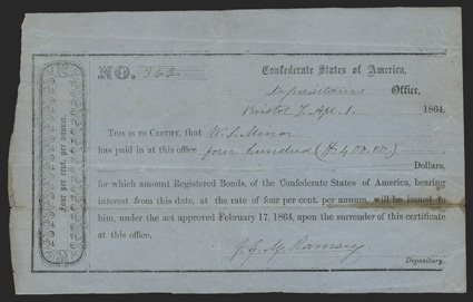 TN. Bristol. $400. April 1, 1864. TN-6. Local Typset. No. 362. Printed on blue paper watermarked J. Paine, Kent Mills, 1861. Tax payment endorsement on back. It is believed 100
certificates were issued. Fine, stain along fold line a