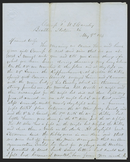 Chancellorsville: Stonemans Raid Great content, grueling ALS, reportedly by Capt. James Brisbin (later brigadier general) of the 6th US Regular Cavalry, 4 full pages, 4to, on
blue paper, Bealton Station, VA, May 9, 1863. He writes to his wife th