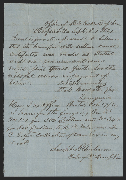 TN. (Bristol). Transfer Document. This blue woven paper document details transfers for multiple transfers within Sullivan County, Tennessee in September 1864. Documentation is
on both sides. Fine with three pinholes. <From The Joe C. Co