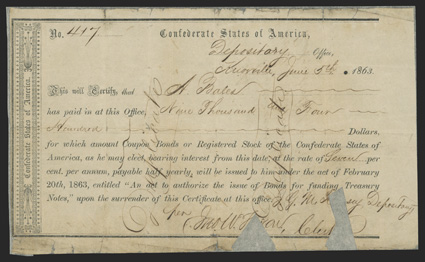 TN. Knoxville. $9,400. June 5, 1863. TN-26. Richmond Type II. No. 417. This Very Good example has been cut out cancelled at the signature line, and has been silked to protect
further damage, as some internal separations are noted al