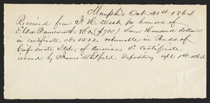 TN. Memphis. $700. Oct. 31, 1864. TN-35. No. 5522. The following three lots are actually Union receipts written upon confiscation of outstanding Confederate IDRs. Memphis fell
to the Union on June 6, 1862, and at present there are no known